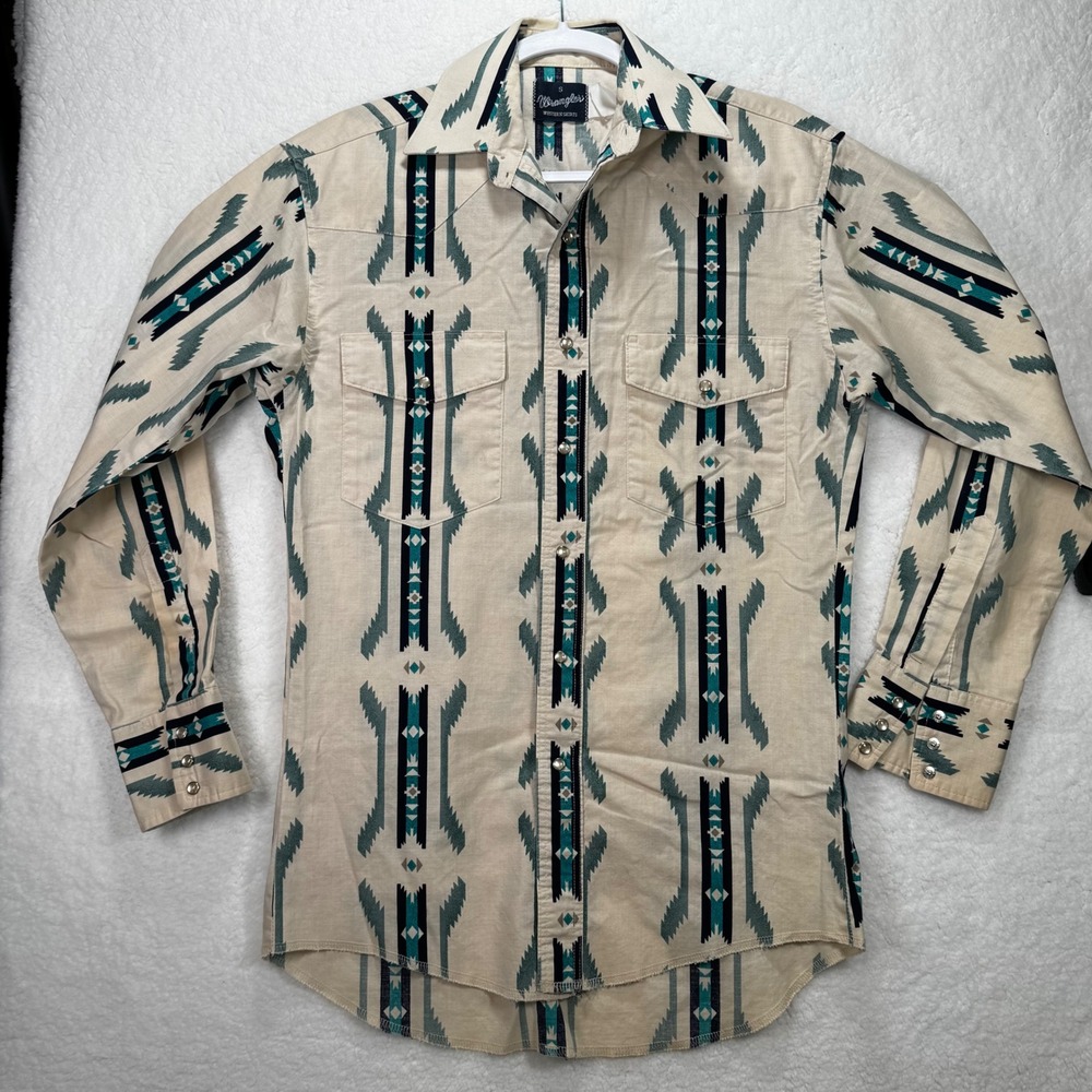Wrangler Mens Aztec Western Snap Shirt Small Teal Tan Geometric Long Sleeve - Picture 6 of 12